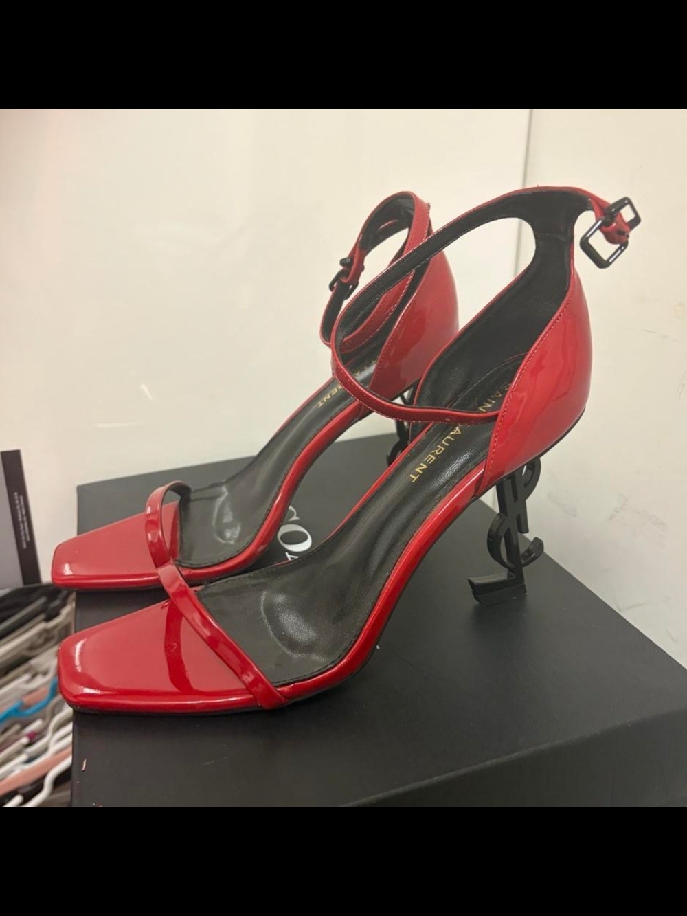Saint Laurent Red Patent Leather Square-Toe Ankle-Strap Heels - Picture 3 of 4